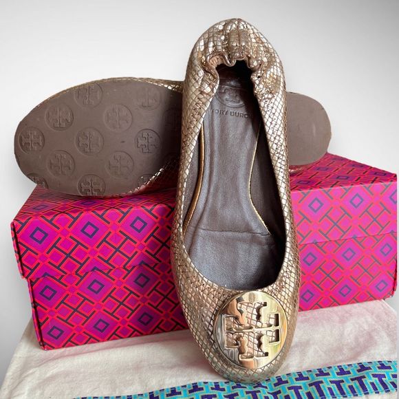 Tory Burch Gold Snakeskin Embossed Leather Reva Logo Ballerina Flats Sz 7(M) - Picture 2 of 14
